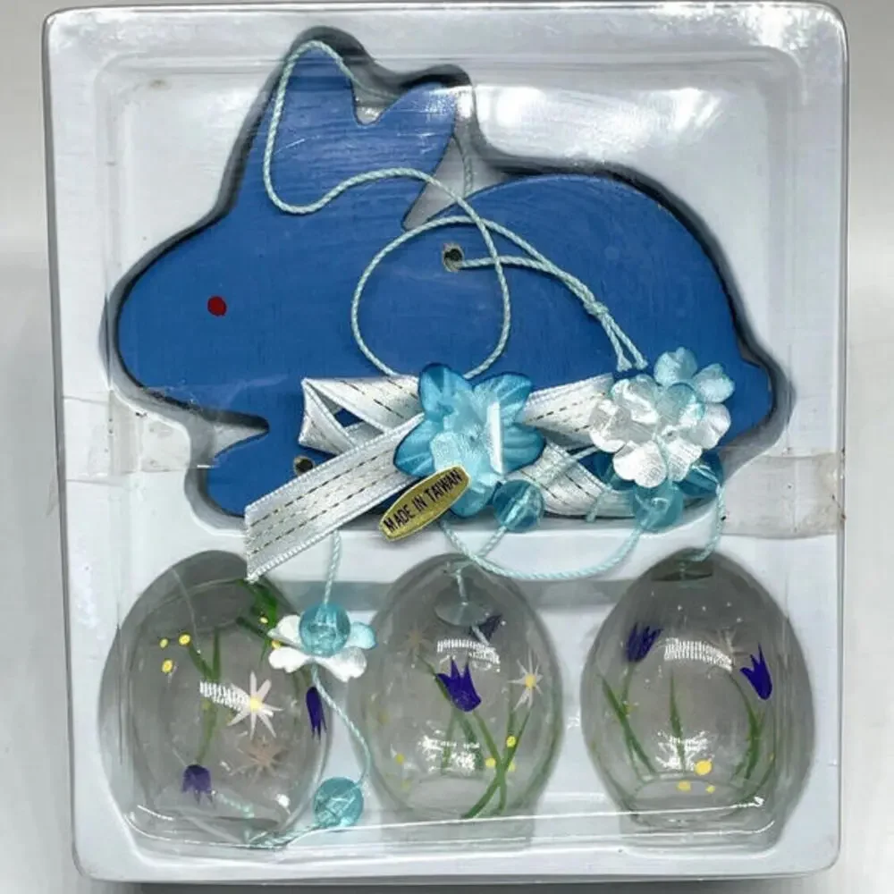 Vintage Taiwan Easter Bunny Wind Chime Hand Blown Glass Eggs Wood Rabbit 12